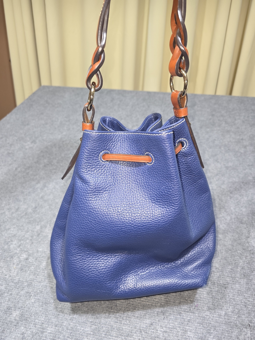 Dooney & Bourke Dillen II Navy Blue Pebbled Leather Drawstring Bucket Bag - Picture 3 of 14
